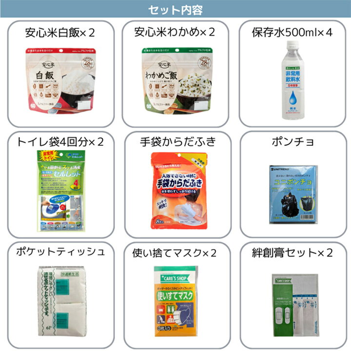 【ポイント8倍！25日0時〜23:59】 防災グッズ 中身だけ 2人用 18点セット 防災セット 災害グッズ 防災食 非常食 保存食 5年保存 保存水 備蓄水 避難セット 避難グッズ 簡易トイレ 4回分 避難用トイレ 衛生用品 地震対策 災害用 避難用品 寒さ対策 kaguno1-10035837 家具のわくわくランド 楽天市場店 サンプル画像2