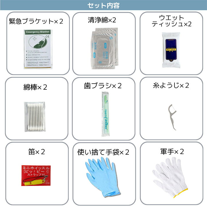 【ポイント8倍！25日0時〜23:59】 防災グッズ 中身だけ 2人用 18点セット 防災セット 災害グッズ 防災食 非常食 保存食 5年保存 保存水 備蓄水 避難セット 避難グッズ 簡易トイレ 4回分 避難用トイレ 衛生用品 地震対策 災害用 避難用品 寒さ対策 kaguno1-10035837 家具のわくわくランド 楽天市場店 サンプル画像3