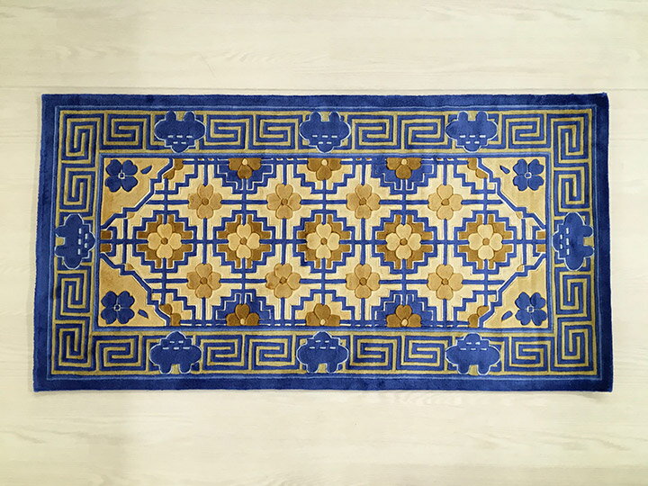 【中国段通 シルク 玄関マット】「露」絨毯(じゅうたん)・カーペット・ラグ・絹(シルク)100%・約63×121cm・120段・ブルー系