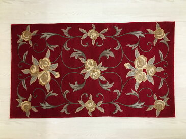 【中国段通 毛&シルク 玄関マット】「薔薇」絨毯(じゅうたん)・カーペット・ラグ・約71×122cm・レッド系・150段