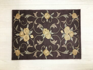 【中国段通 毛&シルク 玄関マット】「薔薇」絨毯(じゅうたん)・カーペット・ラグ・約67×92cm・ブラウン系・150段