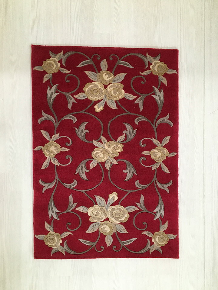 【中国段通 毛&シルク 玄関マット】「薔薇」絨毯(じゅうたん)・カーペット・ラグ・約64×92cm・レッド系・150段