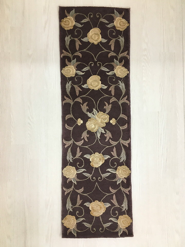 【中国段通 毛&シルク 玄関マット】「薔薇」絨毯(じゅうたん)・カーペット・ラグ・框(かまち)・ロングマット・キッチンマット・約39×123cm・ブラウン系・150段