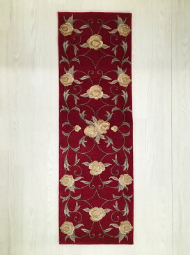 【中国段通 毛&シルク 玄関マット】「薔薇」絨毯(じゅうたん)・カーペット・ラグ・框(かまち)・ロングマット・キッチンマット・約39.5×123cm・レッド系・150段