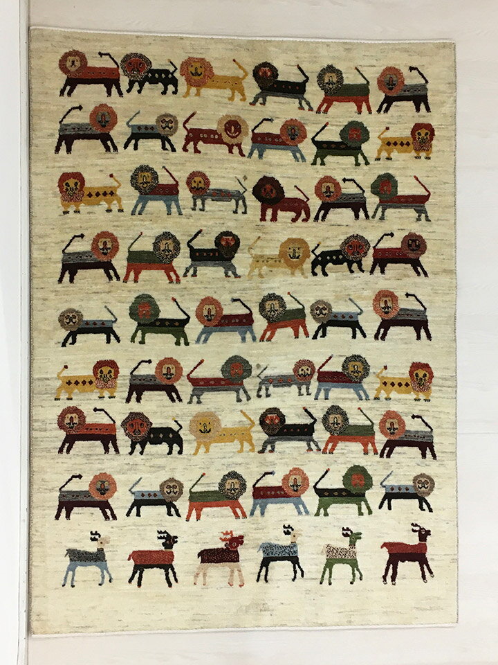 【ギャッベラグ ラクダのおまわりさん 約148×208cm】GABBEH・ギャッペ(ギャべ)・イラン製・カーペット・ラグ・絨毯(じゅうたん)・カラフル・ライオン