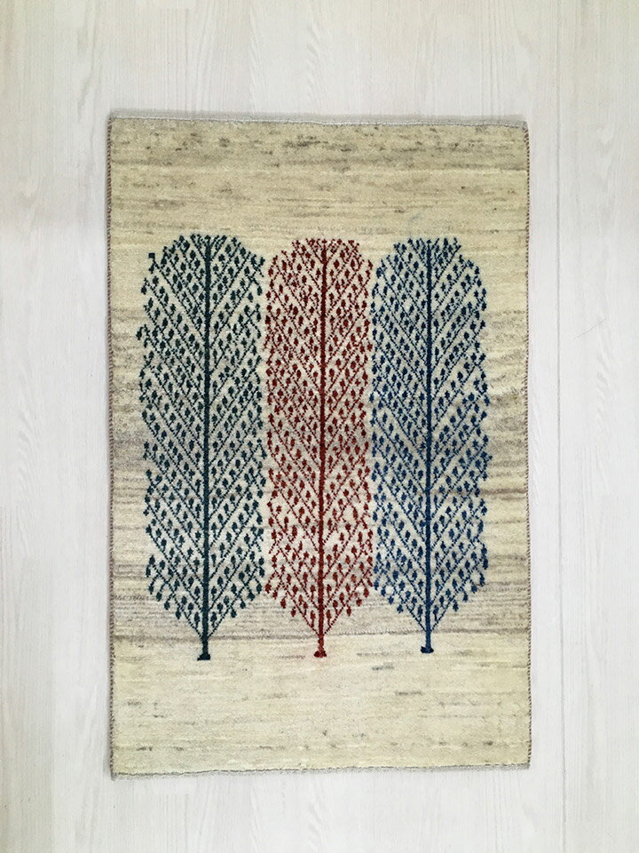 【ギャッベ 玄関マット 3人兄弟(60840)】GABBEH・ギャッペ(ギャべ)・イラン製・玄関マット・カーペット・ラグ・絨毯(じゅうたん)・約66×103cm・生命の樹・アイボリー系