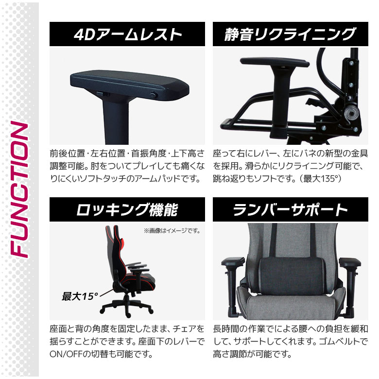 ゲーミングチェア パソコンチェア 可動式アームレスト おしゃれ ファブリック オフィスチェア ランバーサポート 腰痛対策 デスクチェア リクライニング ロッキング ハイバック 実況 配信 在宅 リモート 椅子 イス [3]
