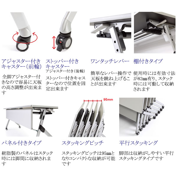 【法人送料無料】 【業務用】 ミーティングテーブル 会議用テーブル スタックテーブル 幅180cm 奥行60cm パネル付き 棚付き アジャスター付 白 茶 AC-0545 [2]