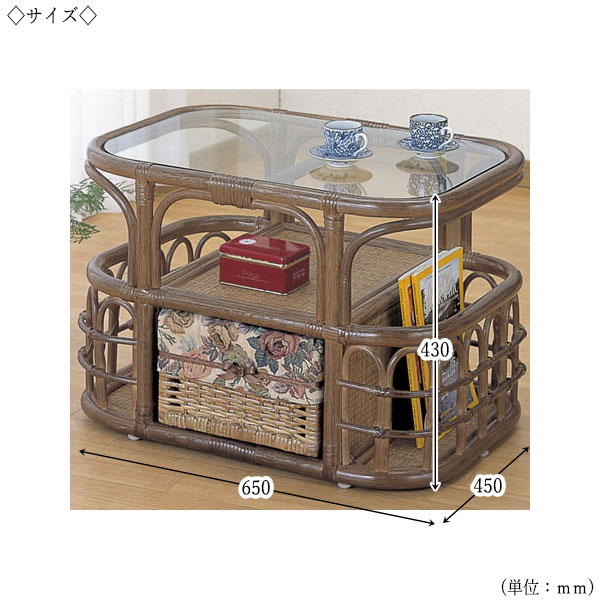 【送料無料】 テーブル 机 センターテーブル ローテーブル ガラス天板 幅65 奥行45 高さ43cm ラタン家具 籐家具 天然素材 IS-0227 [3]