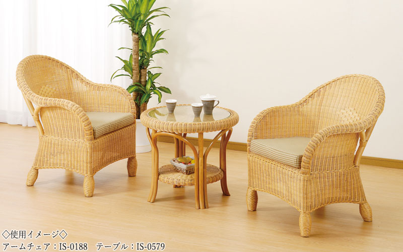テーブル 机 カフェテーブル ガラス天板 幅60cm 奥行60cm 高さ53cm ラタン家具 籐家具 天然素材 ブラウン IS-0579 [3]
