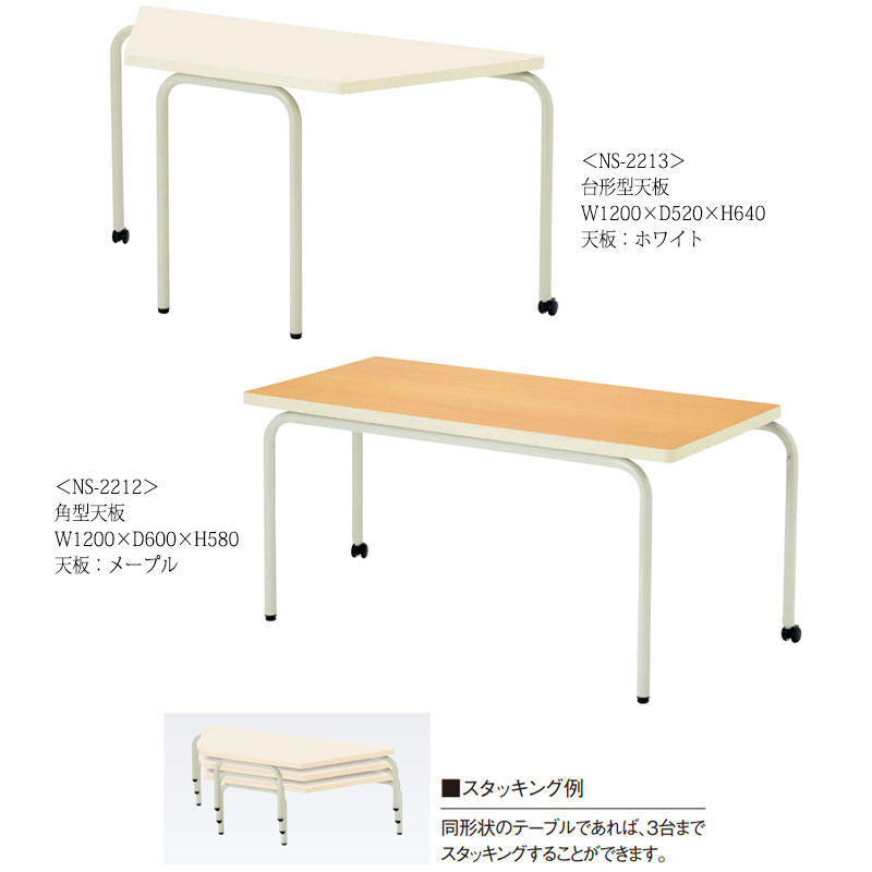 【法人送料無料】 【日本製/業務用】 作業テーブル 作業机 幅120cm 奥行52cm 高さ70cm キャスター付 台形 スタッキング メラミン化粧板 木目 茶 アイボリー NS-2216