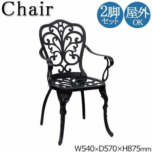 【送料無料】 2脚セット 屋外用 チェア 肘付 アルミチェア カフェチェア ガーデン アウトドア 屋外 幅54cm 座高42cm ダイキャスト 透かし模様 ブラ...