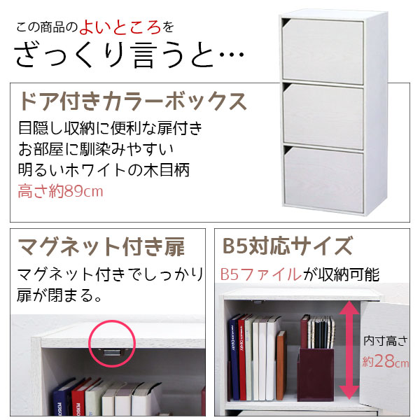 2個セット カラーボックス3段 フラットドア付き B5ファイル対応 フラット扉付き収納棚 目隠し収納 幅41.5cm 奥行29.2cm 高さ88.9cm(約 幅42cm 奥行30cm 高さ90cm)教科書 学用品 子ども部屋 シンプル 木目柄 おしゃれ かわいい 洗面所 キッチン 漫画 本棚 コミック CA-8941 [3]
