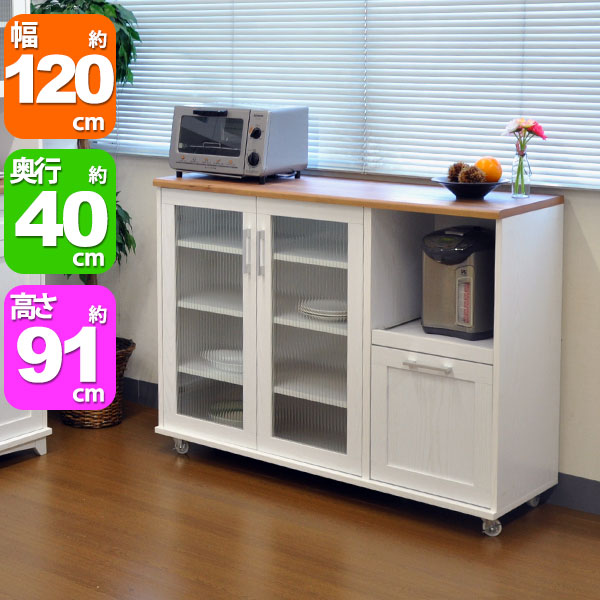 キッチン収納 キッチンカウンター120cm幅 (MAN-01)幅120cm奥行40cm高さ91cm おしゃれ(お洒落)で可愛い(かわいい)2口コンセント付きレンジラック 北欧風シンプル ナチュラル ホワイト(白木目) 引き出し 扉 キャスター レンジカウンター キッチン家具 組立家具(S)のサムネイル