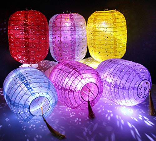 YONIK 提灯お盆紙ちょうちん透かし彫り紙提灯お盆飾りLED付き燈籠カラフル10個セット（楕円）