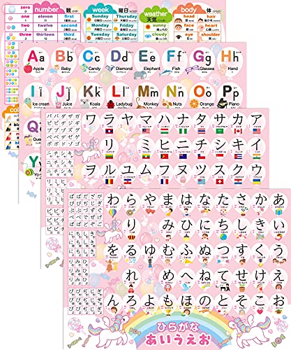 ひらがな&カタカナ&アルファベット お風呂ポスター 4枚セット ユニコーンデザイン 知育 B3サイズ あいうえお表 ABC表 防水 お風呂の学校