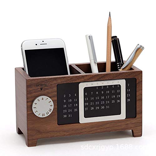 ペン立て 木製 多機能 万年カレンダー付 カレンダーペンホルダー 名刺 ペン 定規 整理整頓 小物収納 ペンスタンド 収納ホルダー スマートフォン収納 スマホス...