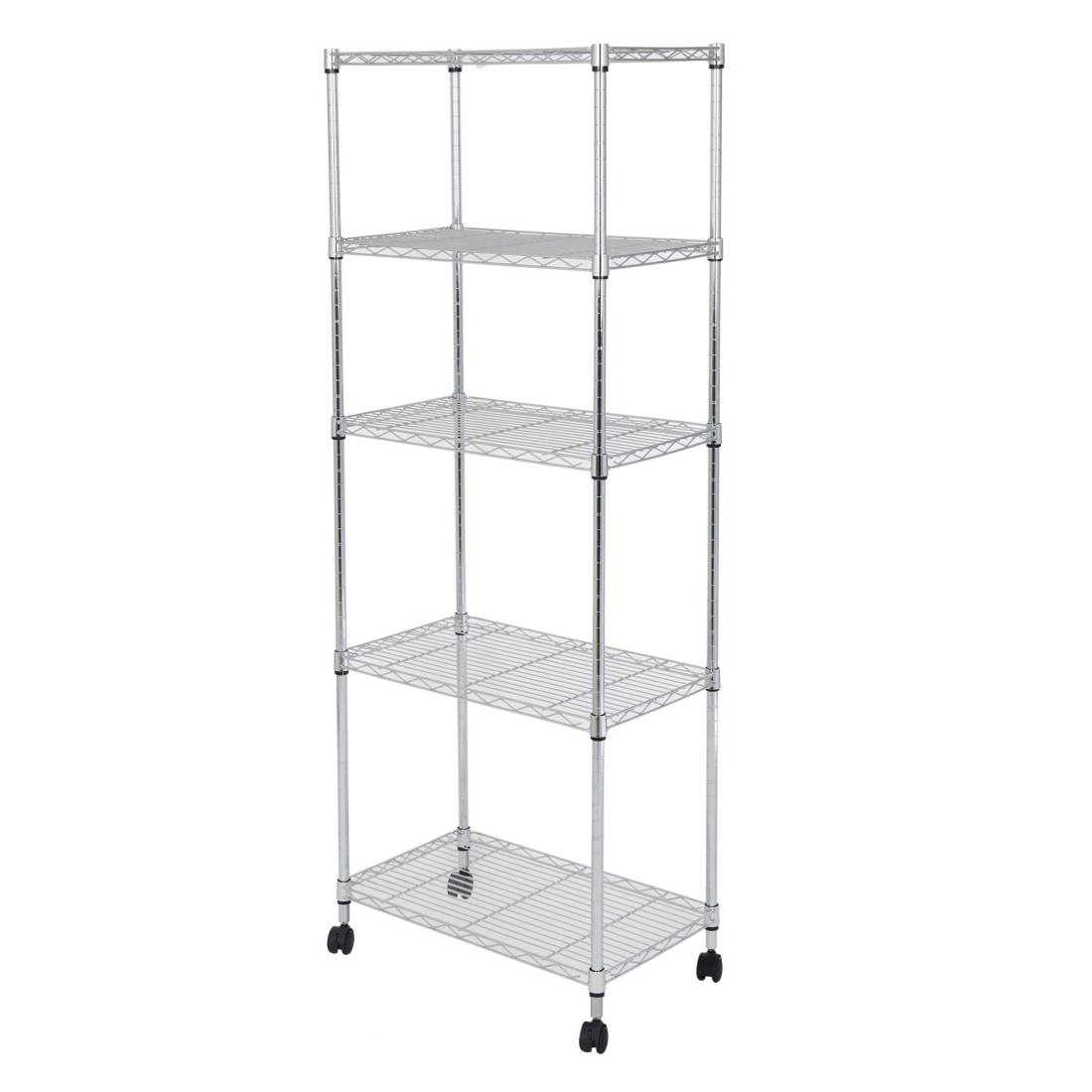 ドウシシャ ルミナス互換 システムワイヤーシェルフ 幅60 5段 スリムスチールラック 収納棚 幅59.5×奥行34.5×高さ155cm 全体耐荷重400kg 頑丈 キャスター付き 防錆加工 ポール径19mmパーツ対応 キッチン 隙間収納 EL19-15605