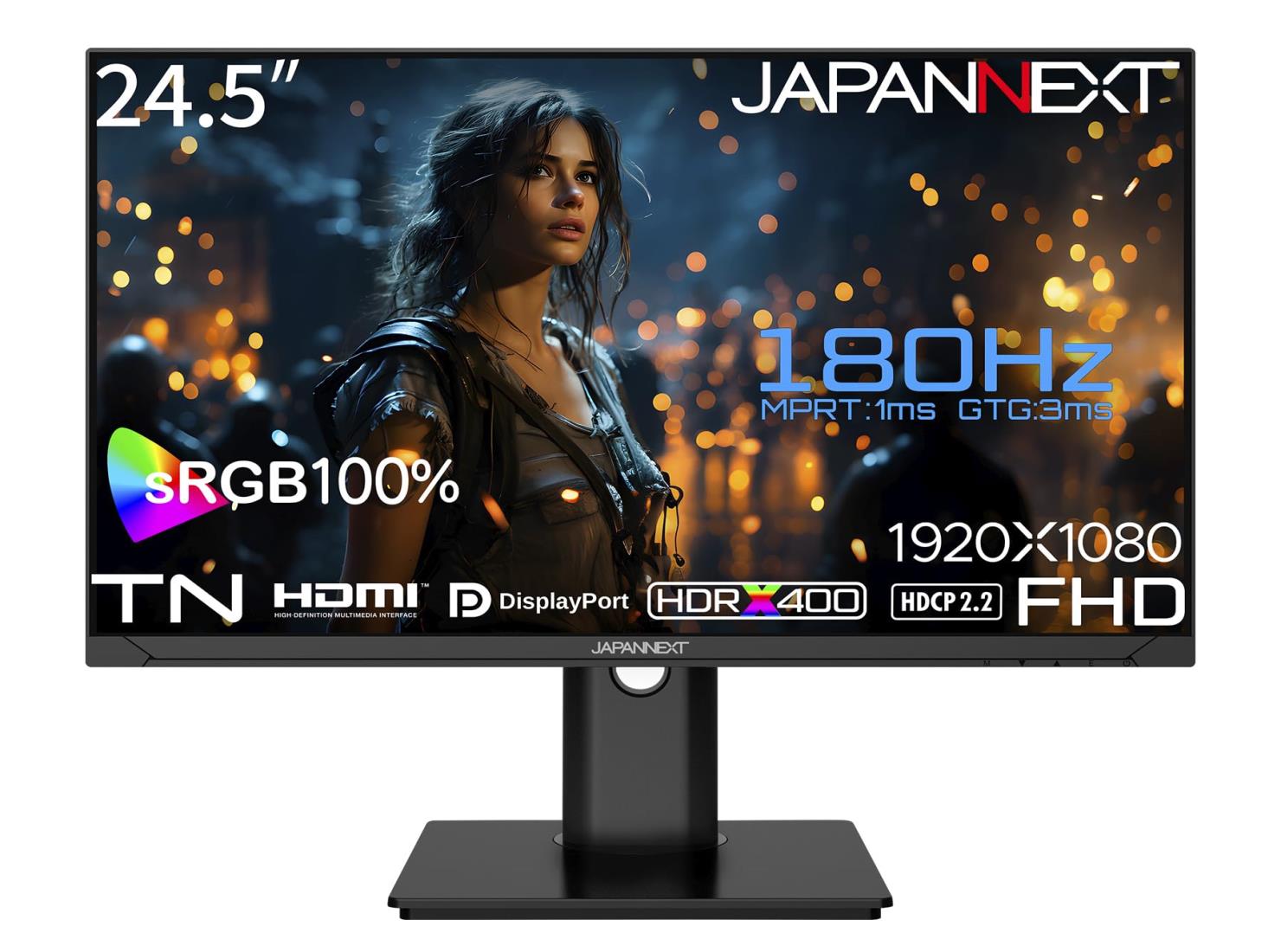 JAPANNEXT 24.5インチ ゲーミングモニター 180Hz 1ms フルHD 1920x1080解像度 TN パネル ディスプレイ (HDMI/DisplayPort/高さ調節/回転(ピボット)機能/ブルーライトカット / 視野角170°) JN-245GT180FHDR-HSP