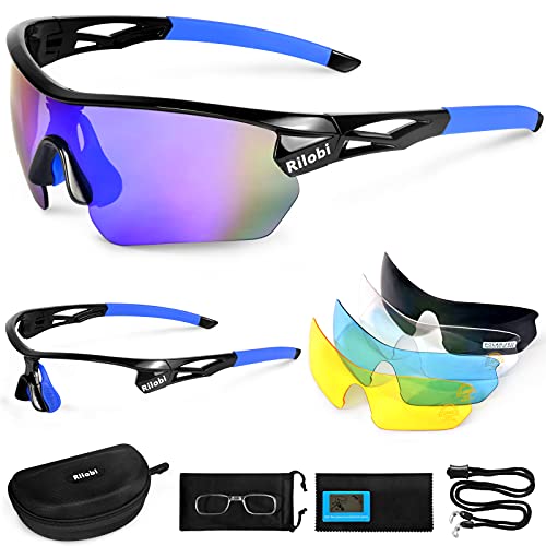 偏光スポーツサングラス 交換可能レンズ5枚付き メンズ レディース 超軽量 UV400 サイクリング ランニング ドライブ 釣り ゴルフ 野球グラス (ブラック/ブルー)