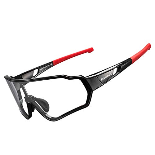 偏光サングラス 釣り 調光サングラス スポーツサングラス 軽量 UV400 自転車 ゴルフ 登山 ピクニック 防風 メンズ(黒赤/透明変色レンズ)