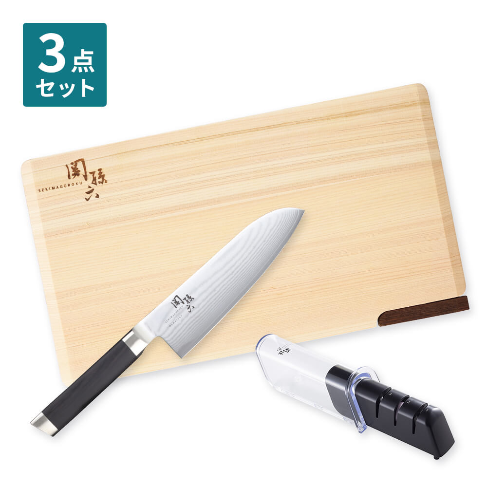 関孫六 包丁・まな板・シャープナーセット ダマスカス三徳包丁 桧まな板スタンド付 ダイヤモンド＆セラ..