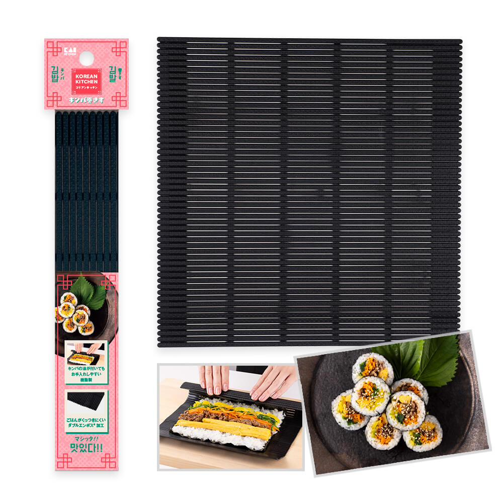 材質ポリプロピレン（耐熱温度110℃） サイズ詳細約260×255×2mm、重量：約90g 生産国日本キンパを作る際に必須アイテムの巻きす ・キムチ等の色が付きやすい食材を巻いても着色しにくい黒色で色移りの心配なく使用できます。 ・本体素材には、ご飯がくっつきにくいエンボス加工を採用。 ・キンパを均一な太さに巻くことができる適度な柔軟性。 ・木製ではなくプラスチック製で、食洗機対応のため、衛生的に洗えます。関連商品はこちら貝印 巻きす 花型 | 巻きすだれ まきす 660円貝印 パコッと細巻き| 細巻き 細まき 細巻484円貝印 コリアントング 〈コリアンキッチン〉 |1,650円一緒に購入されている商品貝印 シリコーン保存バッグ | シリコーンバ1,210円〜貝印 Bakish マルチ焼型マフィン | ベ2,200円