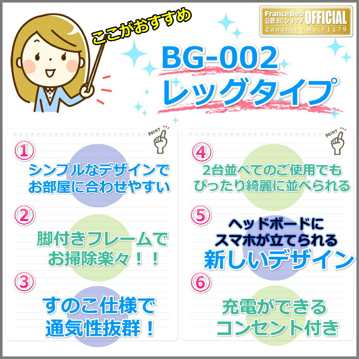 フランスベッド ベッドフレームマットレスセットBG-002 レッグ シングル TW-105PWα-MON付き【開梱組立設置無料】脚付きベッド マットレスTW-105 [3]