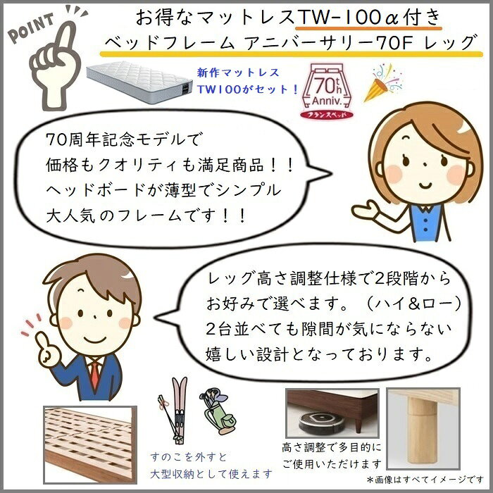 フランスベッド ベッドセット特価 アニバーサリー70F レッグS 70周年記念商品TW-100付き【開梱組立設置無料】脚付きベッド シングル TW-100α [2]