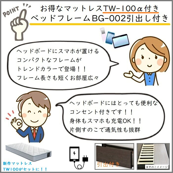 フランスベッド ベッドフレームマットレスセットBG-002 DR セミダブル TW-100付き【開梱組立設置無料】引出付き マットレスTW-100α M [3]