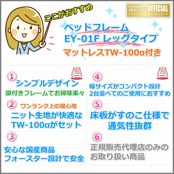 フランスベッド お得なベッドセット エディ セミダブル【送料・開梱組立設置無料】TW-100α付き人気マットレスとフレームEY-01Fのセット販売商品 [3]