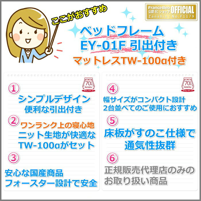 フランスベッド お得なベッドセット エディ シングル【送料・開梱組立設置無料】TW-100α付き人気マットレスとフレームEY-01Fのセット販売商品 [3]