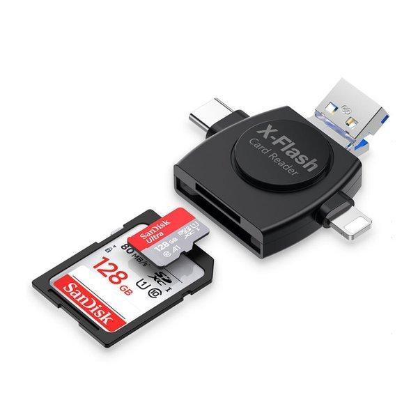 SDカードリーダー 4in1 Lightning TYPE-C Micro-USB TFカード兼用 メモリーカードリーダー 写真 動画 音楽 高速データ転送 iPhone Android(OTG) PC対応
