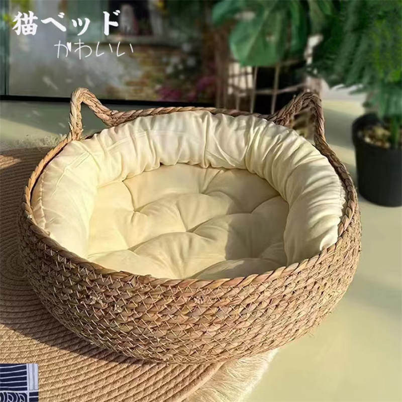 ペットベッド 猫ベッド 夏用 M 手編み 藤編み 猫ベッド 爪とぎ 犬 猫 ちぐら型 クッション付き 涼しい 通気性 四季折々 ネコつかみ板 ベッド クッション 円形 かわいい 丸型