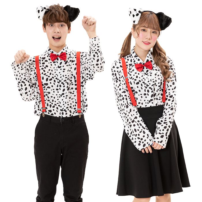 ダルメシアンシャツ 男女兼用 ユニセックス シャツ カチューシャ サスペンダー リボンブローチ セット コスチューム 衣装 コスプレ 仮装 変装 コスプレ クリ...