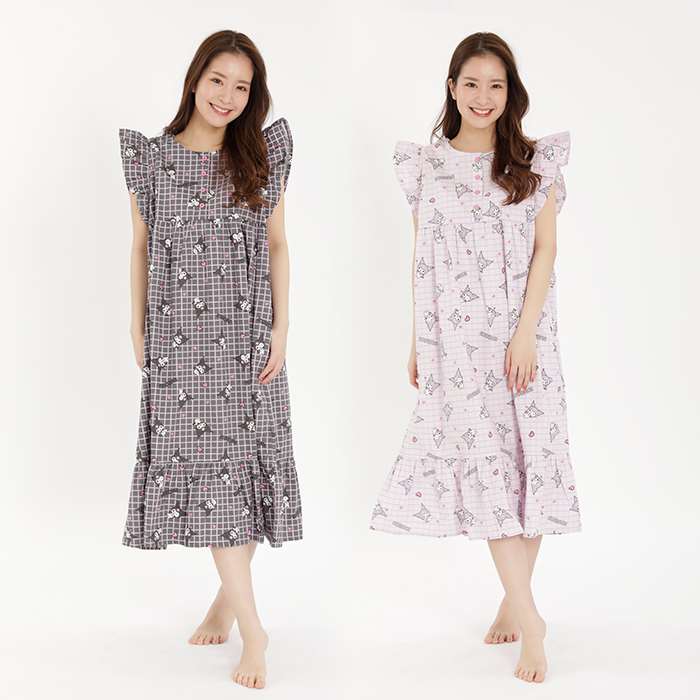 ワンピース チェック クロミ フリルワンピース レディースサイズ サンリオ 半袖 寝巻 パジャマ 部屋着 ルームウエア サザック SAN-1484
