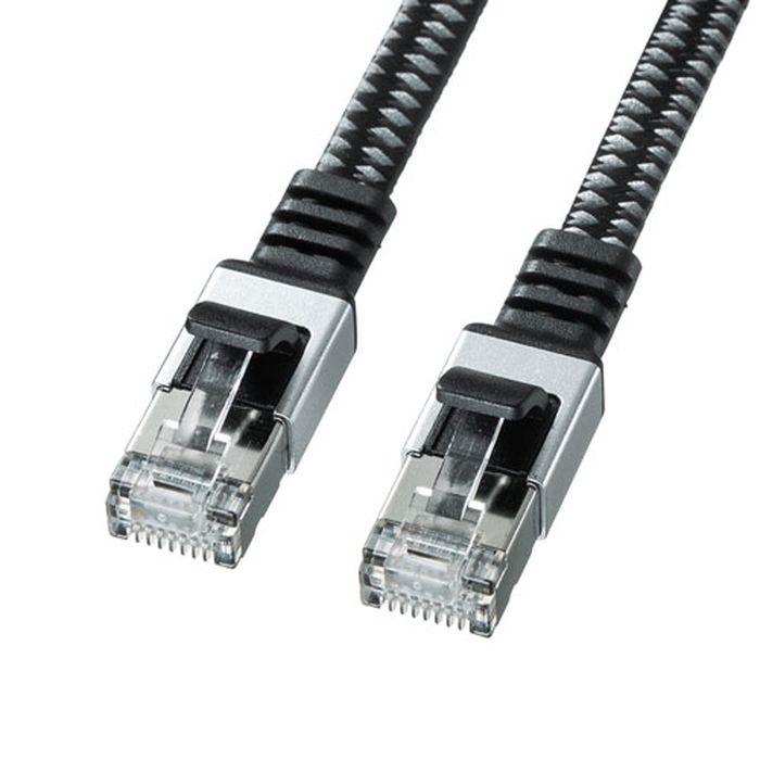 LANケーブル CAT6A 2m メッシュ フラットタイプ 10Gビットイーサネット対応 超高速 モールド加工 ツメ折れ防止カバー付 ブラック&グレー サンワサプライ KB-FL6AME-02BK
