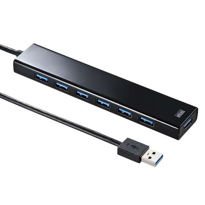 【代引不可】USBハブ 急速充電ポート付 USB3.2Gen1 7ポートハブ ACアダプタ付 セルフパワー対応 ケーブル直付タイプ ブラック サンワサプライ USB-3H703BKN
