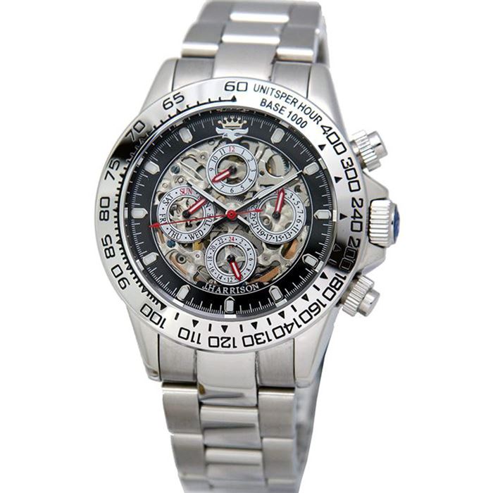 SEARCH WORD：J.HARRISON ジョン・ハリソン ジョンハリソン 腕時計 うでどけい 時計 とけい ウォッチ Watch リストウォッチ Wristwatch 携帯 高級 ブランド メンズ 男性用 紳士用 バレンタインデー Valentines Day 父の日 ファーザーズ・デイ Fathers Day 敬老の日 誕生日 バースデー Birthday クリスマス Christmas Xmas プレゼント ギフト 贈り物 おしゃれ オシャレ お洒落 ゴージャス ラグジュアリー商品概要：ブランド名は、イギリスの時計職人、ジョン・ハリソン（John Harrison)が由来。今回紹介する商品は、「名人」と言われた時計職人の名を冠するだけあって、美しいムーブメントを究極まで楽しめる仕上げ！画像を一見するだけで、特徴を把握できるだろう。そう、裏も表も中身をのぞけてしまう「両面スケルトン」。包み隠さず見せるということは、自信があることの裏返しだ。完成度の高いムーブメントをたっぷりと堪能してくれ。さらに自慢できるのは「四つ目」マルチファンクションを配している点もポイント。3時には日付、6時には24時間表示、9時には曜日、12時の位置には月表示と、4つのカレンダーをいつでも確認できる！もちろん実用性もあるが、こういう機能があるだけで何だか楽しめるのがイイよな。気になる値段は…どうか驚いてくれ。市場でも留まることを知らないほどの人気モデルで、入荷自体がミラクル！ギャザでの開催も稀なモデル。次回はいつになるか検討もつきません。本格派を腕にハメられる男になるには、絶対に今がチャンス！！商品仕様：■メーカー：J.HARRISON■JANコード：4582263148782■商品名：ジョンハリソン 腕時計 ウォッチ 機械式 多機能 両面スケルトン 高級 ブランド メンズ■型番：JH-003SB■サイズ：文字盤／（約）直径40mm、ケース／（約）縦48×横45×厚さ14mm、腕周り／（約）145－200mm■重量：(約)150g■材質：ケース・ベルト／ステンレススチール、ガラス／ミネラルガラス■スペック：自動巻き（手巻き可）、日常生活防水、マルチファンクション（12時位置：月表示、3時位置：日付表示、6時位置：24時間表示、9時位置：曜日表示）、両面スケルトン、メンズサイズ■その他：箱・保証書：有り（1年） ※時計ベルト部分の調整はお近くの時計専門店にてお願いします。■生産国：中国■ご注意：当店ではベルト調整を承っておりません。お近くの時計店等にご依頼いただきますようお願い致します。※商品概要、仕様、サービス内容及び企業情報などは商品発表時点のものです。※最新の情報に関しましては、メーカーサイトをご覧ください。※発売前予約商品についてはメーカーの商品製造数により納期が遅れる場合やご注文キャンセルをお願いする場合がございます。