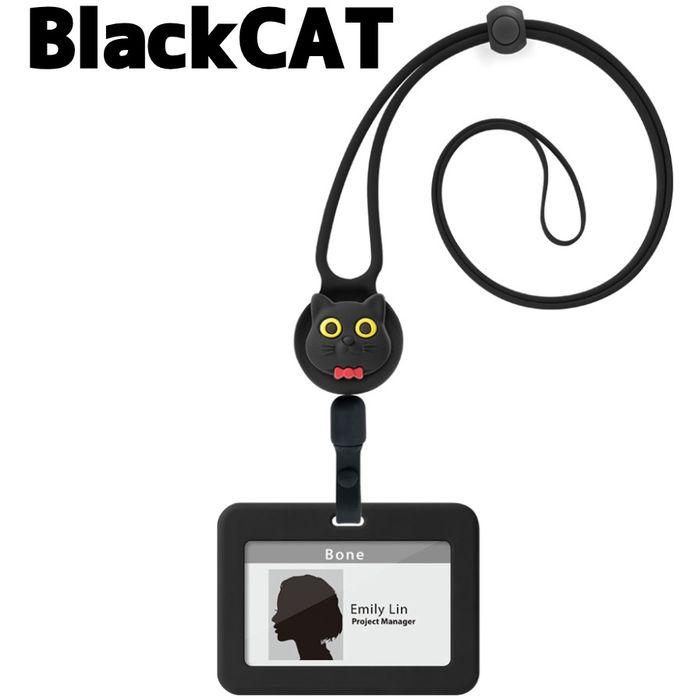 リトラクタブル バッジホルダー 自動巻取り式シリコン製IDカードホルダー ホワイト ブラック/キャット Bone LF24043-CAT