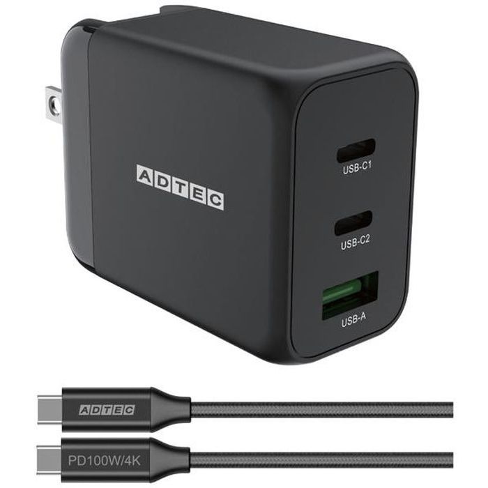 AC充電器 Power Delivery対応 GaN 65W USB Type-A 1ポート Type-C 2ポート ブラック & Type-C to Cケーブルセット ADTEC APD-V065AC2-wC-BK