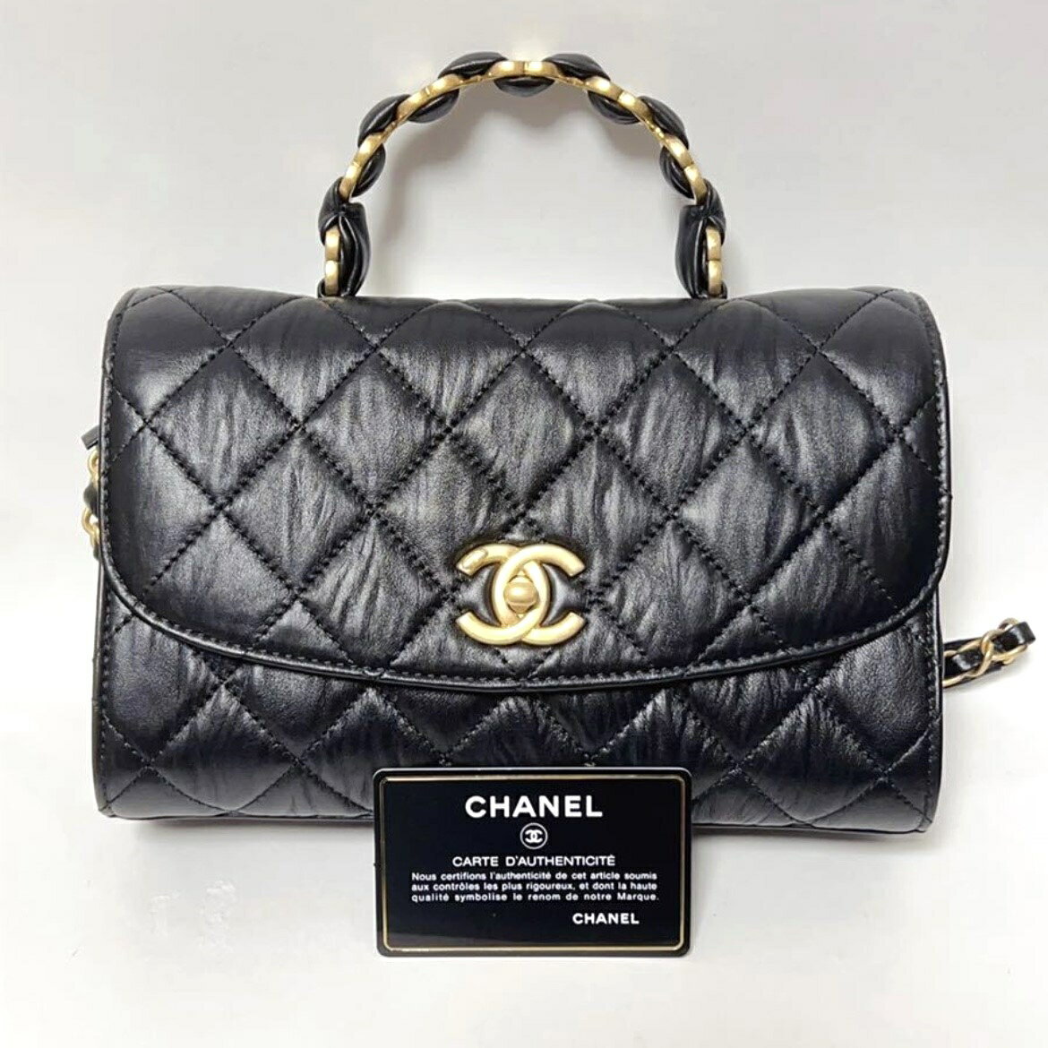 CHANEL シャネル AS2478 B05514 94305 スモール トップハンドル フラップバッグ クランプルラムスキン ブラック マットゴールド金具 2021SS マトラッセ チェーンショルダーバッグ レディース 未使用品