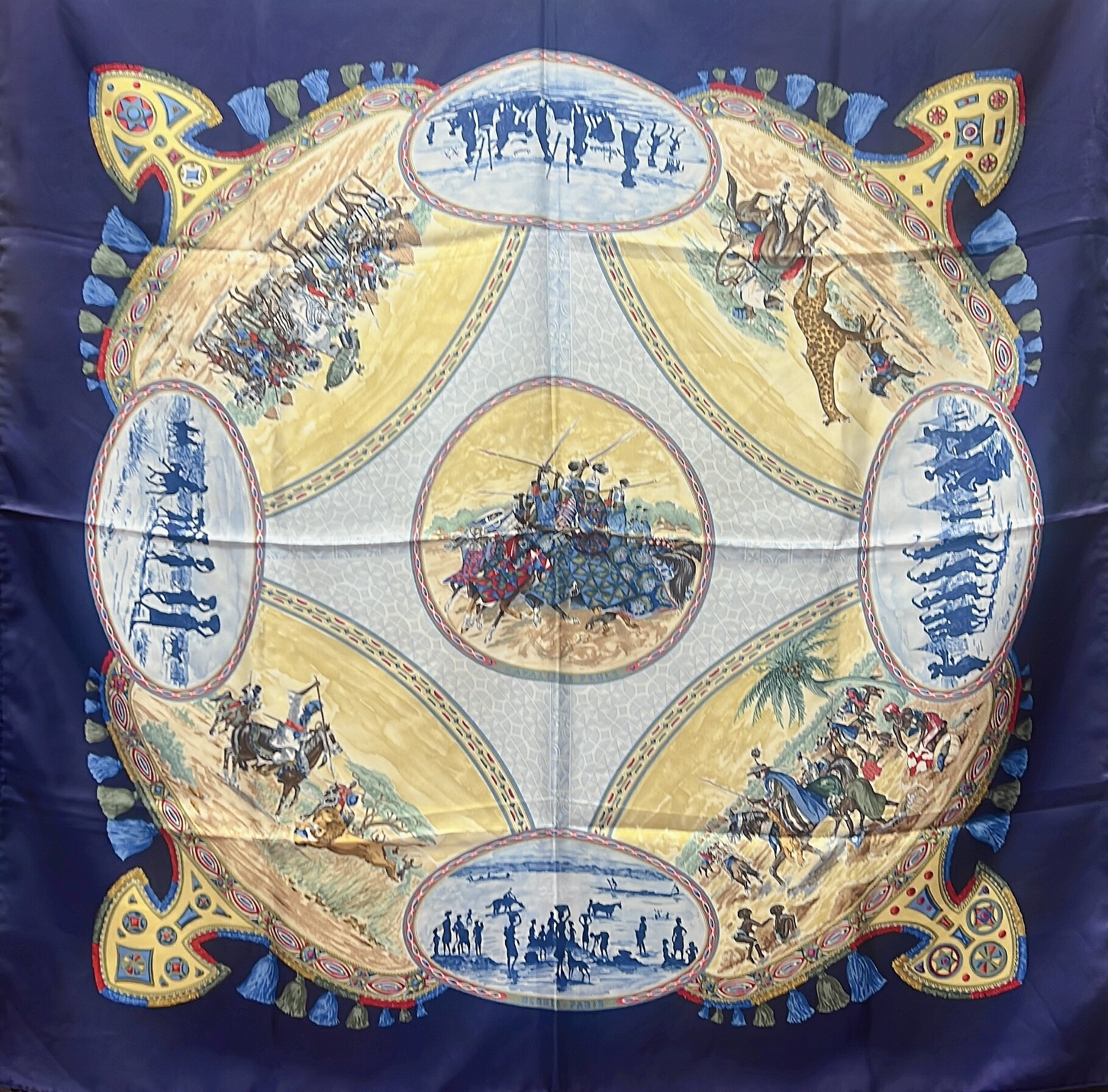 【中古】 Hermès エルメス 90カレ 大判スカーフ CAVALIERS PEULS プール族の騎手 レディース