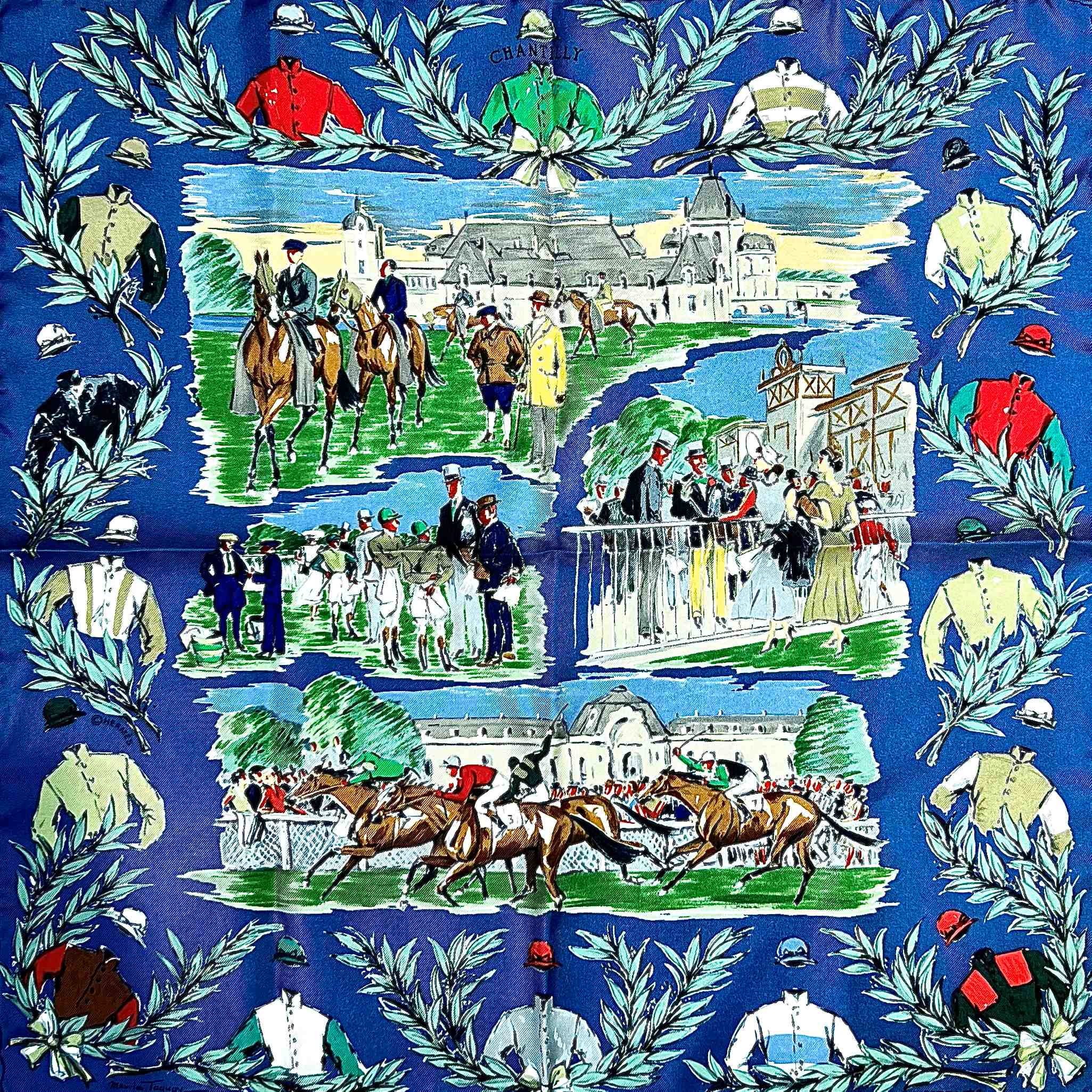 【中古】Herms エルメス 42カレ ミニスカーフ CHANTILLY シャンティ 競馬場 マルチカラー シルク 箱 レ..