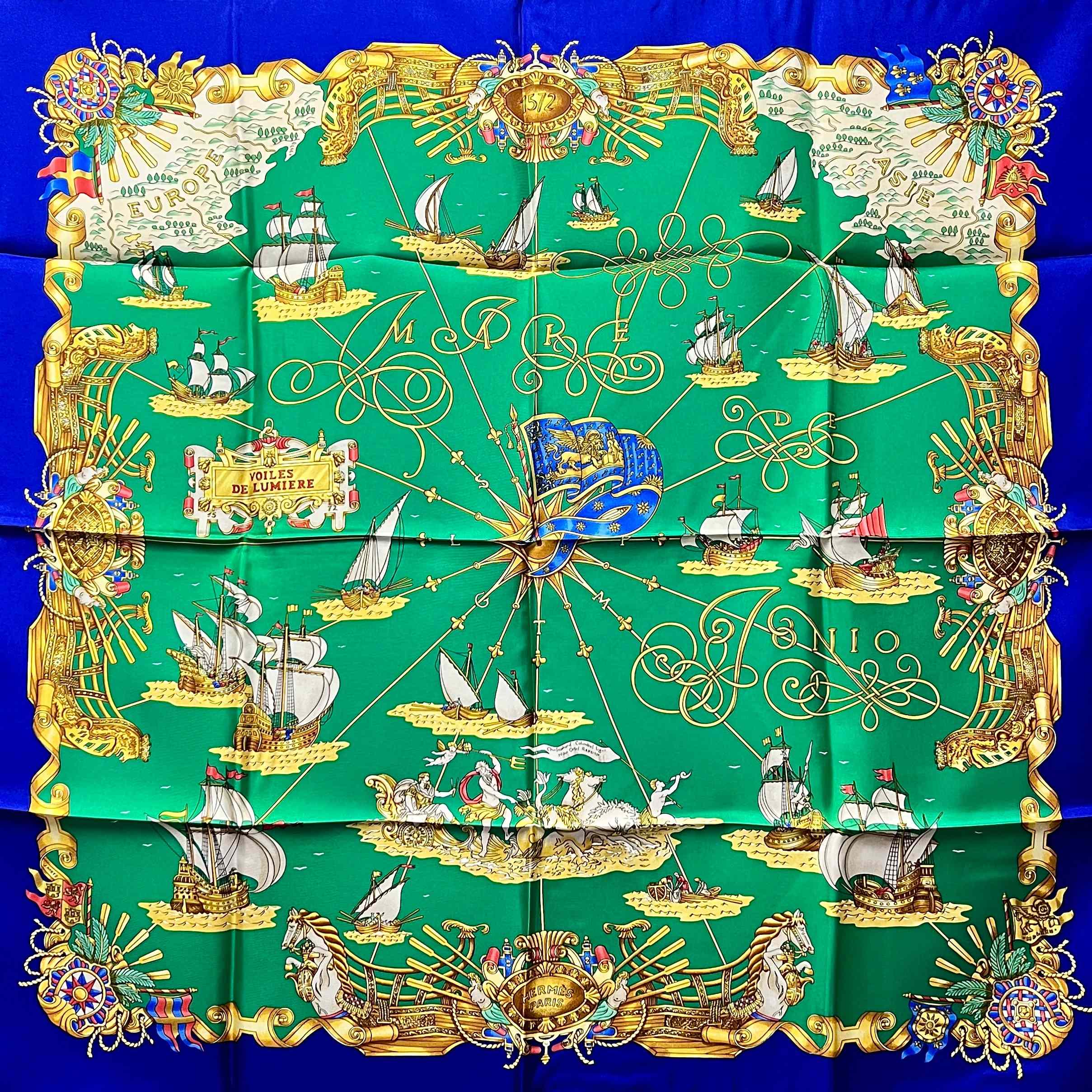 【中古】Herms エルメス 90カレ 大判 スカーフ VOILES DE LUMIERE 光の帆船 マルチカラー シルク 箱 レ..