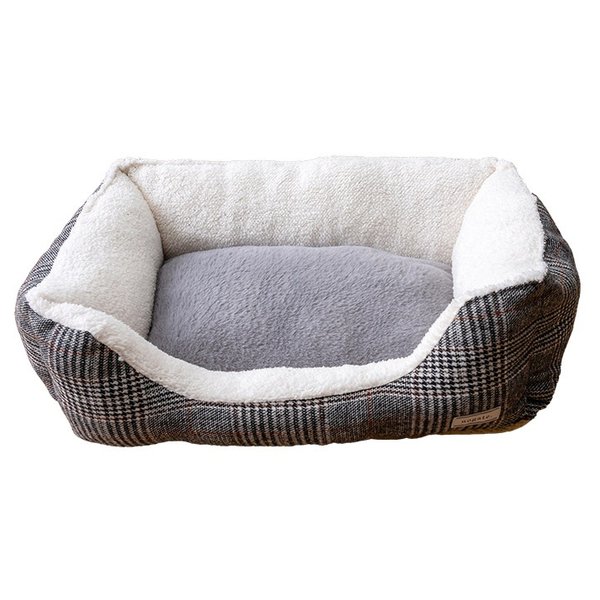 ペット 犬 猫 ベッド スクエア あったか 冬 保温シート フェイクファー ボア ツイード柄 滑り止め付き グレー S 約40×27×15cm【代引不可】