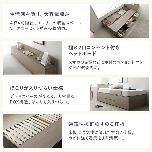 宮付き チェスト ベッド 通常丈シングル グレージュ 3ゾーンポケットコイルマットレス付 大容量 棚付 宮棚付 コンセント 引き出し 収納スペース 通気性 すのこ 収納ベッド 収納付きベッド チェストベッド ベッドフレーム ヘッドレスベッド 寝具 ベット [3]