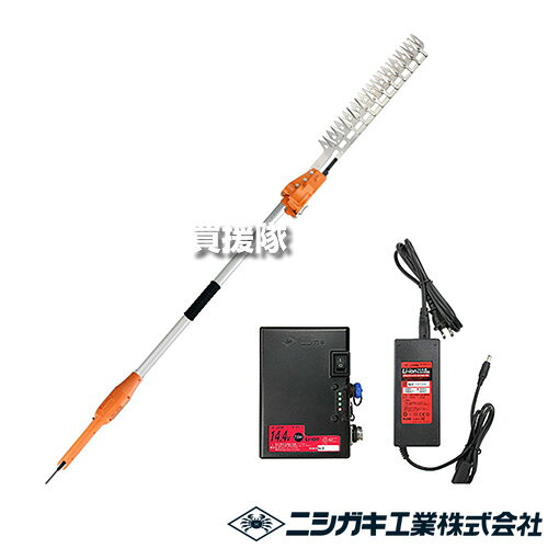 納期について：メーカー直送品(代引き不可) 【プロ仕様 ハサミ式 14.4V バッテリー式 コードレス式 ヘッジトリマー ヘッジトリマ 垣根 生垣 切 バリカン 生垣バリカン 庭 庭木 せん定 剪定 刈り込み 工具 錆び強い刃 メッキ仕上げ】 作業がはかどる刈幅400mm どこでも便利に使えるパワフルバリカン ハイパワーモーターで軽く切れる ハイパワーモーター採用で生木約15mm※まで軽く切断できます。 またハサミ式カットによるキレイな切断面で樹木を痛めません。 ※樹木の種類や刈刃の切れ味により異なります 刈刃角度可変式 レバー1本でカンタン角度変更。 最大可変:上向き30度/下向き30度であらゆる傾斜に対応します。 作業がはかどる12枚刃 刈幅400mmの長刃仕様で、広範囲の刈込み作業が格段にはかどります。 ※刈刃は高速バリカン/高速バリカン充電式に取り付けることもできます。 こだわりの三面研磨＆メッキ仕上げ 刃は高級刃物鋼を使用し、切れ味の良い3面研磨処理を施しています。 また無電解ニッケルメッキ仕上げによりヤニ・サビに強い刃になっています。 替刃交換も可能。(別売) 安心設計 便利なロック機能付きスイッチ。 重心を手元に近付けた重量バランスにより、疲労感も軽減しています。 また過負荷が発生した際には過電流防止装置が働き電源が切れる安心設計です。 さらにスリムで軽い 本体は家庭用電源式に比べ約20％の軽量化を実現しました。 グリップ部は一層スリムとなり、取り回ししやすくなっています。 高耐久の電源コード 耐久性がアップした電源コード。 使用時の折れや内部断線を防ぎます。 さらに接続部分を保護するカバー付き。 アウトランナーモーター搭載 高トルクのアウトランナーモーター搭載で、よりパワフルな切れ味を実現しました。 長寿命！ブラシレスモーター搭載 ブラシレスモーターの寿命は驚異の5000時間以上！ 安定した性能を長くご使用いただけます。 ハイスピード2時間充電 約2時間で充電完了。継ぎ足し充電可能。 過負荷・過充電・過放電対策済みの安心設計。 ※参考数値であり、バッテリー状態や充電環境により異なります。 仕様 メーカー　　ニシガキ 品名　　充電式 太丸バリカン 1.6M [バッテリ・充電器付] 品番　　N-971 JANコード　　4964590970012 本体サイズ(全長×全高×全幅)　　約1580×100×70mm 重量　　約約1.9kg コード長　　1.3m モーター定格電圧　　DC14.4V 使用時間　　約45分 ストローク数　　1270min-1(回/分) 刈刃角度可変式径　　上下(30度) 刈込幅　　400mm 駆動方式　　片刃ハサミ式 最大切断径　　15mm 付属品　　バッテリー、充電器、刃カバー ※使用時間は、満充電における連続使用の参考数値(目安)です。 ※最大切断径は、樹木の種類や刈刃の切れ味により異なります。 ※こちらの商品は北海道・沖縄・離島は別途送料お見積もりとなります。ご購入前にご連絡をお願い致します。&nbsp;