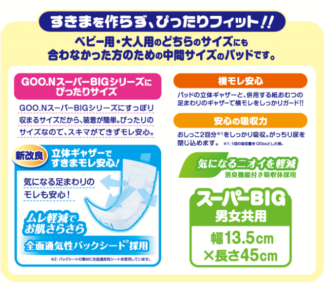 【おむつ・パッドタイプ】グーンスーパーBIG 安心吸収パッド 吸収量240cc 排尿1～2回分 13.5×45cm 26枚入り GOON エリエール (大王製紙) 3