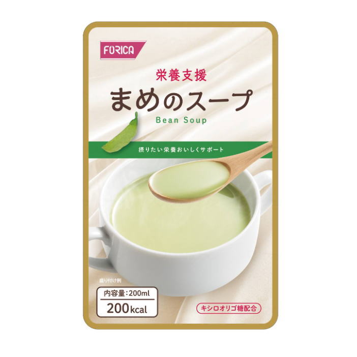 製品仕様 商品名 栄養支援　まめのスープ 内容量 200ml 原材料 牛乳（国産）、マルトデキストリン、粉あめ、乳等を主要原料とする食品、グリンピース、大豆たん白、難消化性デキストリン、乳たん白、香辛料、大豆油、チキンブイヨン、中鎖脂肪、食塩、キシロオリゴ糖、しそ油、亜鉛酵母/カゼインNa、クエン酸塩、結晶セルロース、リン酸Ca、調味料（アミノ酸等）、V.C、クエン酸鉄アンモニウム、酸味料、香辛料抽出物、ナイアシン、V.E、香料、クチナシ色素、パントテン酸Ca、V.B1、V.B6、V.B2、V.A、葉酸、V.D、V.B12、（一部に小麦・乳成分・大豆・鶏肉を含む） ※アレルギー物質：小麦・乳成分・大豆・鶏肉 栄養成分表示 1食当たり エネルギー200kcal たんぱく質6.6g 脂質5.0g 炭水化物32.2g 食物繊維2.6g 食塩相当量0.8g ※この表示値は目安です。 賞味期限 製造日より12ヵ月（未開封） 商品説明 ○おいしさにこだわった飲みやすいスープです。 ○冷やしても、温めてもおいしく飲める味付けです。 ○計算しやすいように1kcal/1ml に調整。 注意事項 ※画面上と実物では多少色具合が異なって見える場合もございます。ご了承ください。 ※メーカーの仕様変更、リニューアル等により、予告なくパッケージが変更となる場合がございます。予めご了承ください。 配送について ※ご注文受付後、通常1〜2営業日で発送いたします。 【北海道】へお届けの場合は発送まで1週間から10日程お時間を頂戴いたします。 ※複数店で在庫を共有しているため、ご注文のタイミングで在庫が確保できない場合がございます。万が一在庫が確保できない場合にはメールにてご連絡いたします。 関連商品 &gt;&gt;栄養支援シリーズ メーカー ホリカフーズ